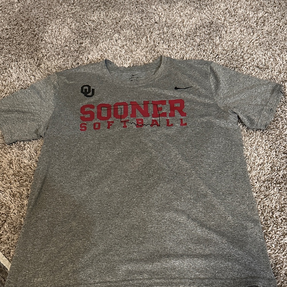 Nike Gray OU T-Shirt with Red Sooner Softball Print